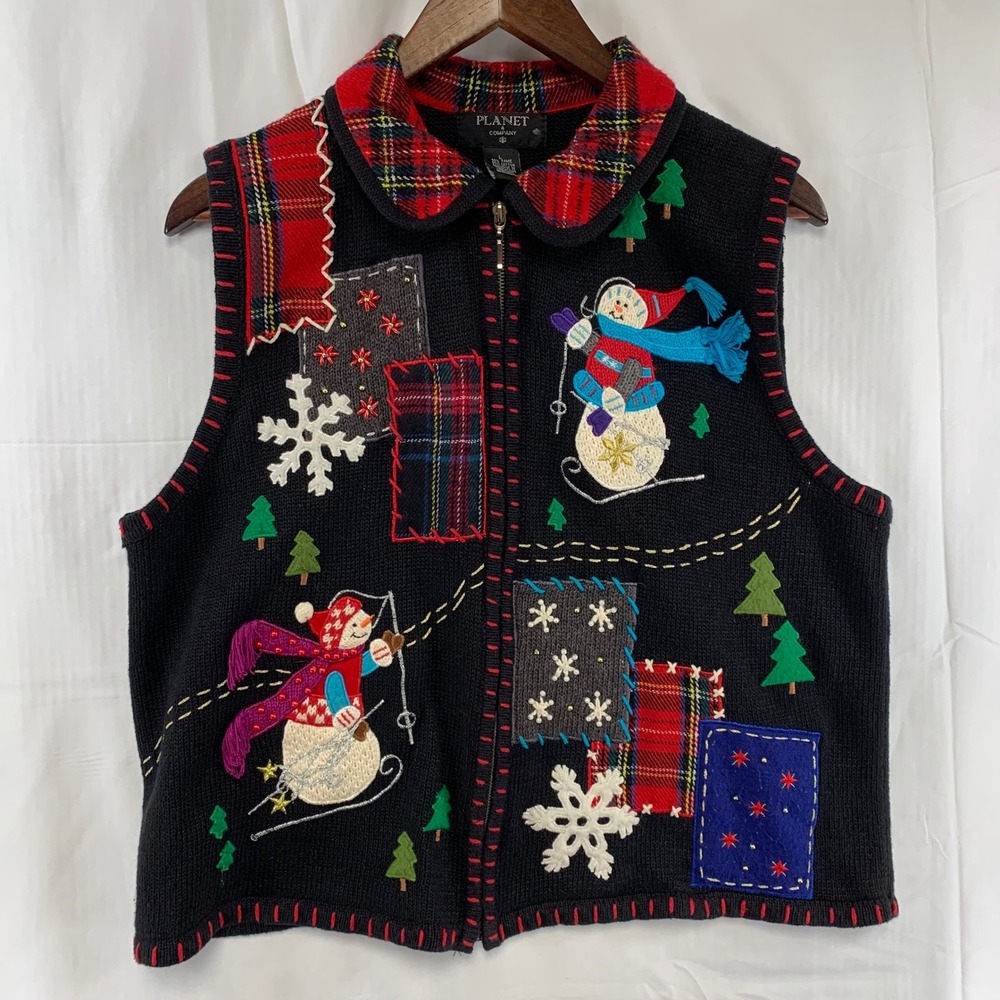 Planet & Company Sweater Vest Womens Large Black Christmas Snowman Zip Up Plaid